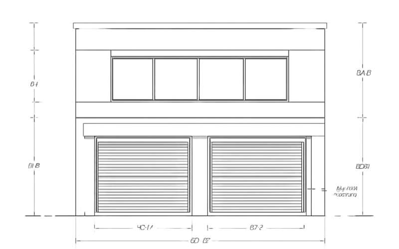 Architectural façade drawing showing roller shutter integration