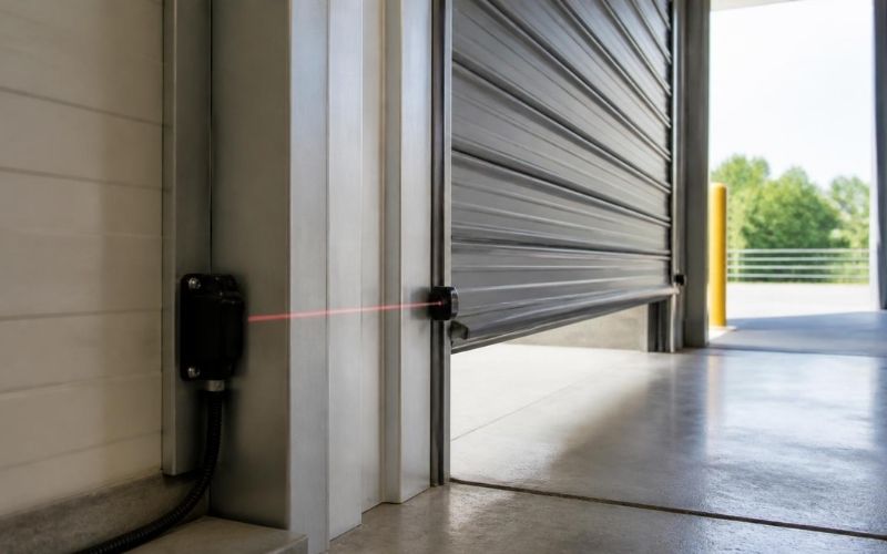 Photoelectric sensor mounted on roller shutter side track for obstacle detection